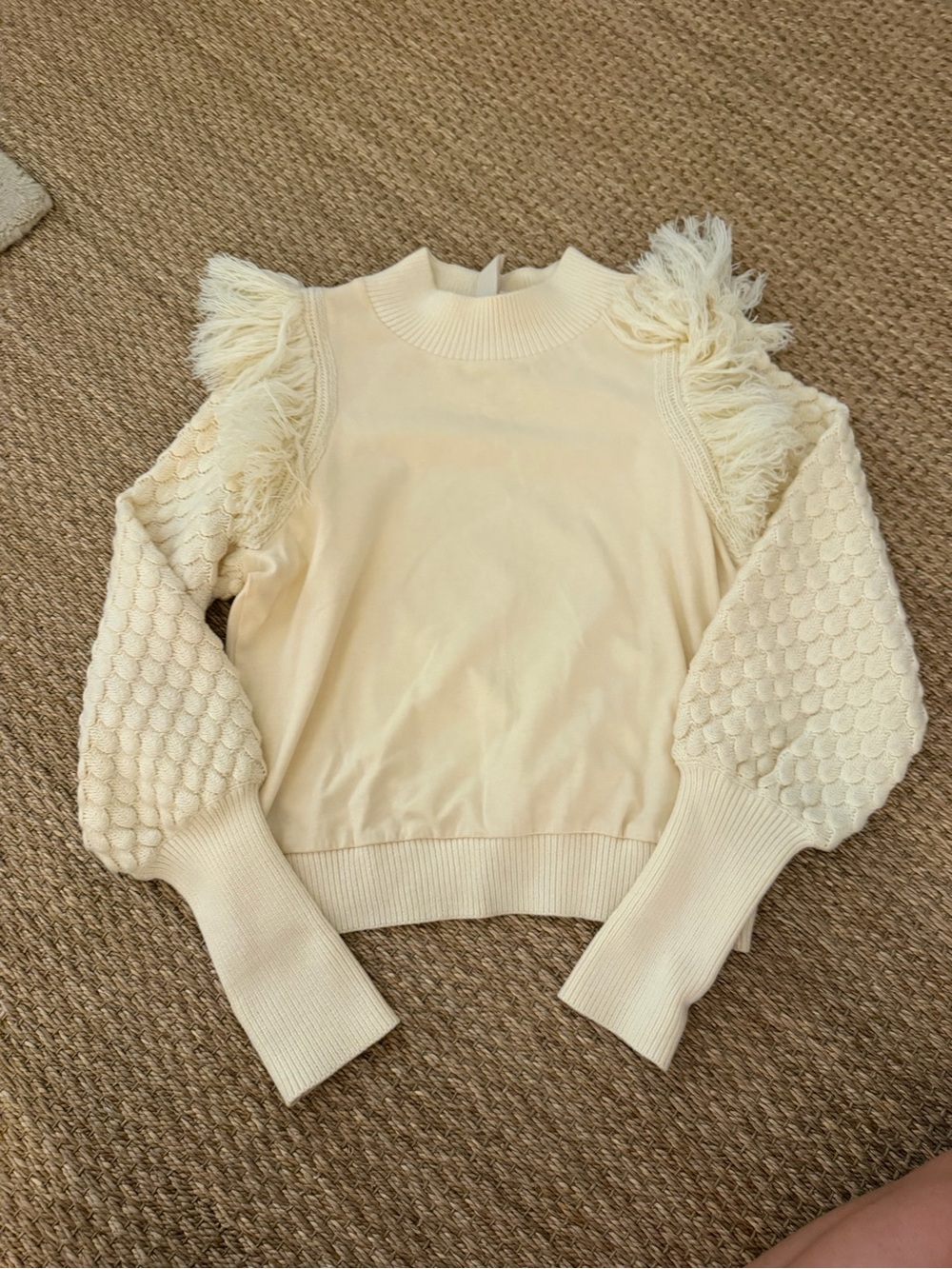 dolan Cream Fringed Puff-Sleeve Turtleneck Sweater